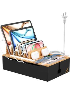 Multi-Device Bamboo Charging Station - Eco-Friendly Organizer for Home & Office